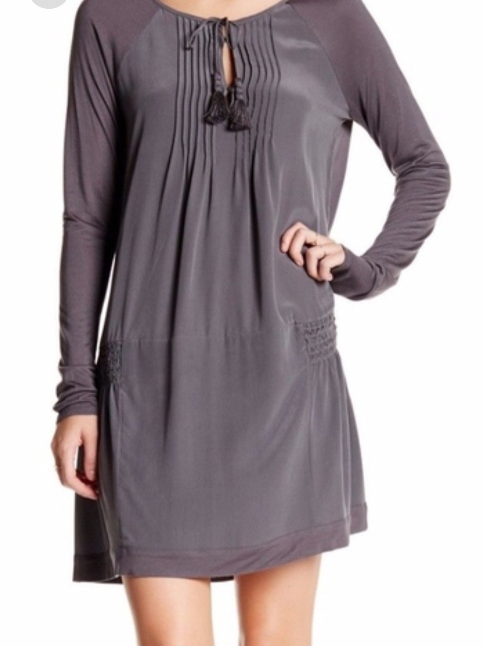 Calypso St. Barth Slate Grey Long-Sleeve Pintuck Shift Dress with Tassel Tie